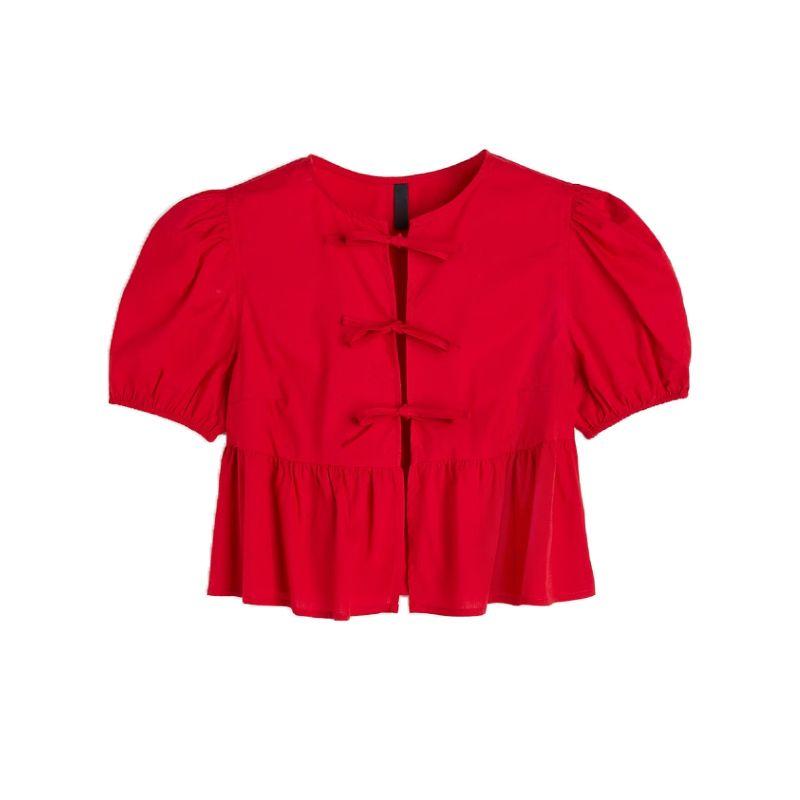 

Spring and Summer New Bow Lace-up Shirts Design Sense Niche White Puff sleeve Top 1213835 Red L