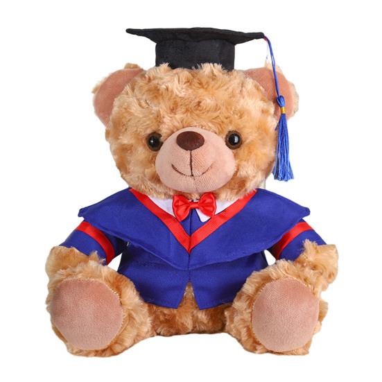 Plyšový medvídek absolvent 2025 s talárem, čepicí a střapcem, roztomilý hnědý absolvent