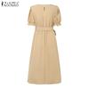 ZANZEA Women Casual Round Neck Short Sleeve Summer Pleated Dress