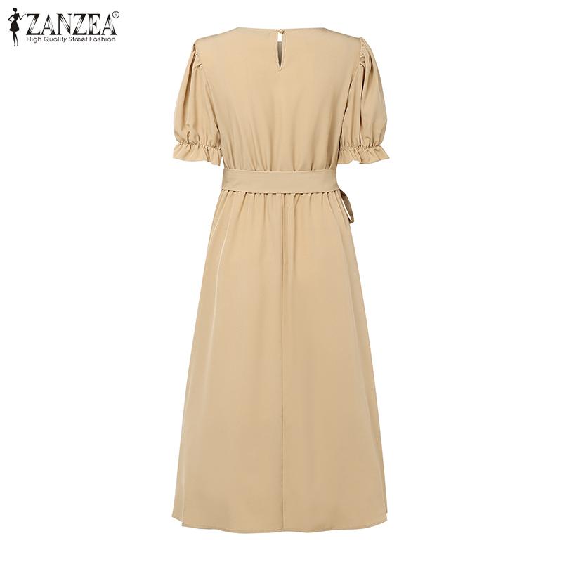 ZANZEA Women Casual Round Neck Short Sleeve Summer Pleated Dress