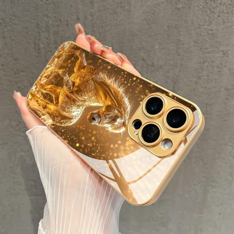 Fashion Golden Horse Pattern Gold Metallic Paint Glass Phone Case For iPhone 17 16 15 14 13 12 11 Pro Max Plus 17 Air 16E Cover