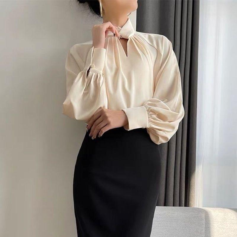 Blouse Élégante à Volants Creux Mode Coréenne pour Femmes Chemise Business Décontractée à Col Montant Manches Longues Tops Amples Unis
