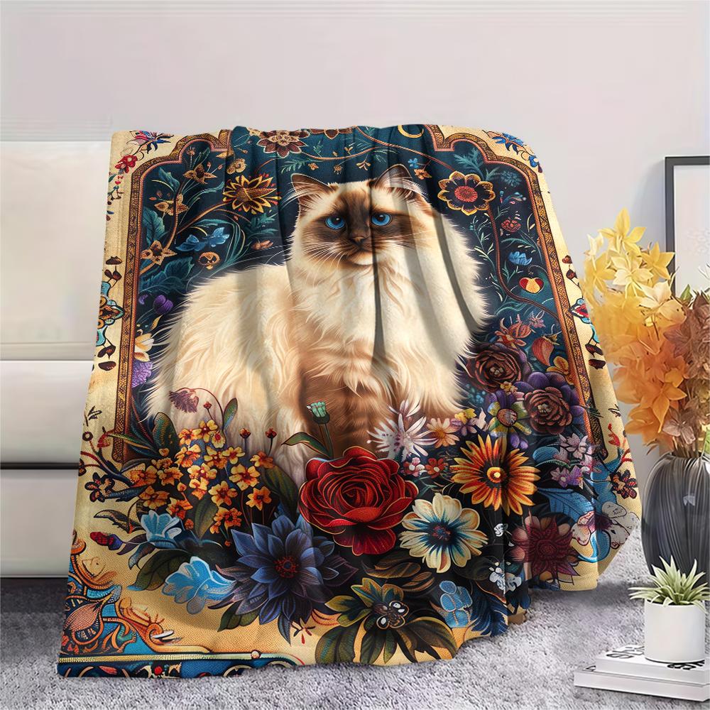 1Pc Boho Floral Cat Print Flannel Blanket, High Quality Comfortable for All Seasons, Home Decor, Warmth and Comfort, Perfect for Christmas Gifts