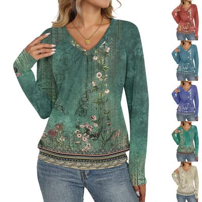 Women's Casual Fashion V-Neck Raglan Pleated Floral Print Long Sleeve Top