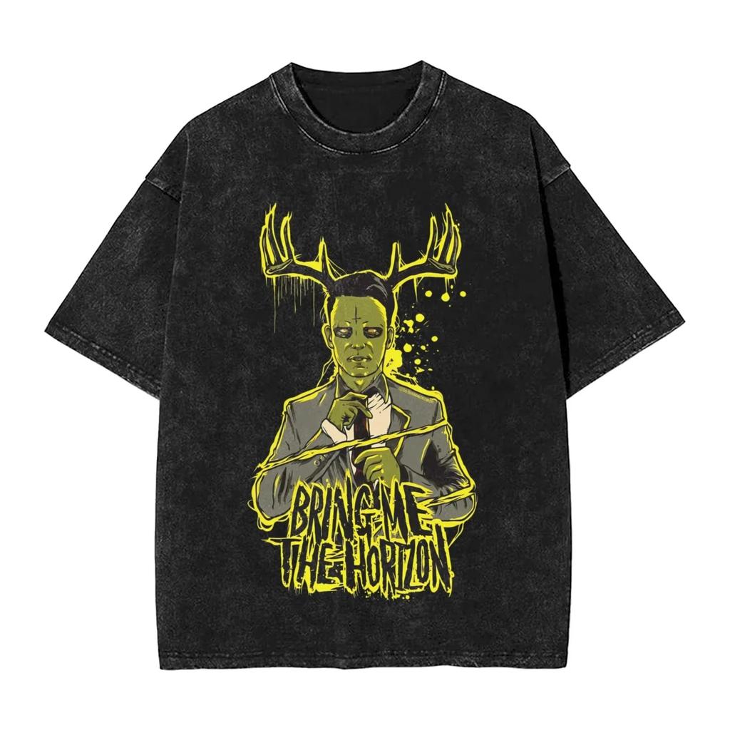 Oversized Acid-Wash Vintage Short-Sleeve T-Shirt Featuring Bring Me the Horizon Dark Gothic Siren Graphic Print