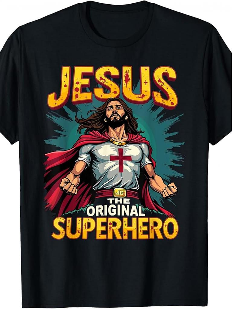 Jesus: Original Superhero Graphic T-shirt - Black Casual Short Sleeve Crewneck with Vibrant Cross Design
