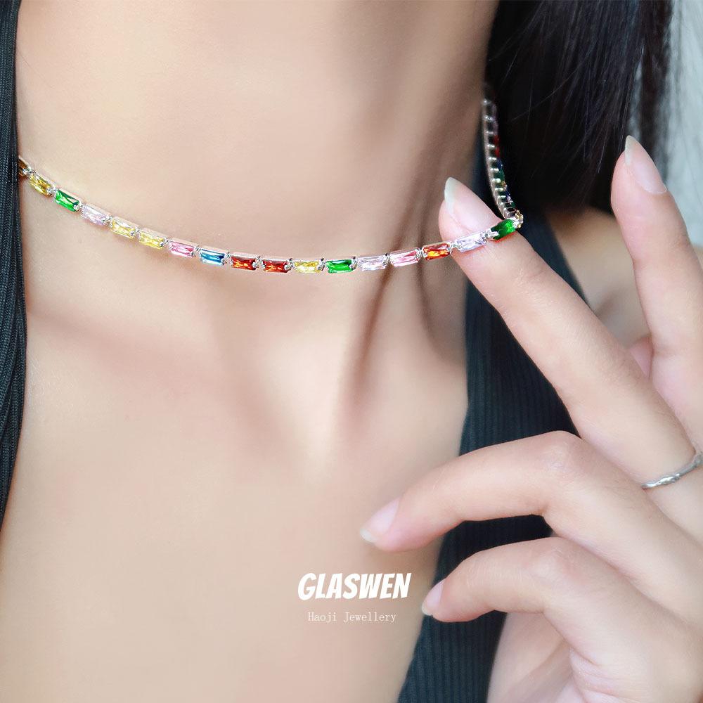 Cold Wind Color Zircon High-End Full Diamond Simple Necklace Women'S Collarbone Chain Trend Light Luxury Jewelry Neck Chain