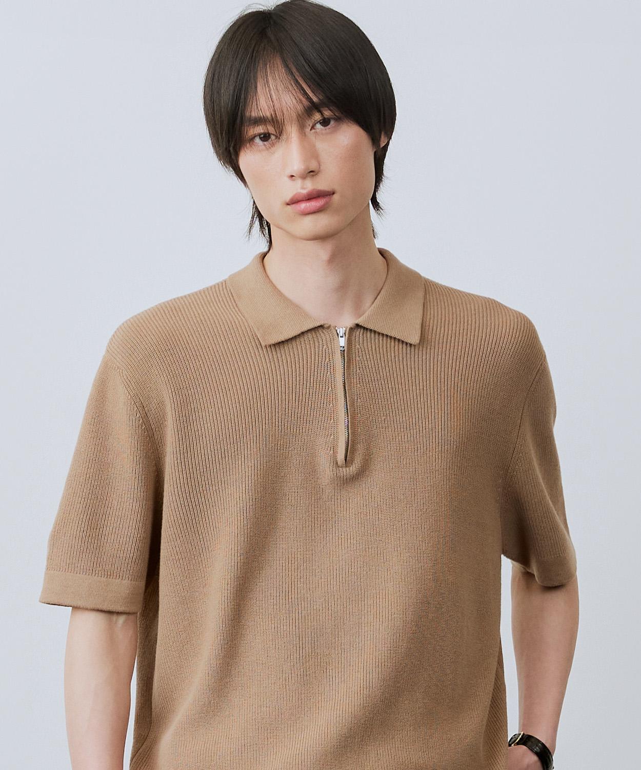 Collared Half Zip Short Sleeve Knit [Sand] Sand/M