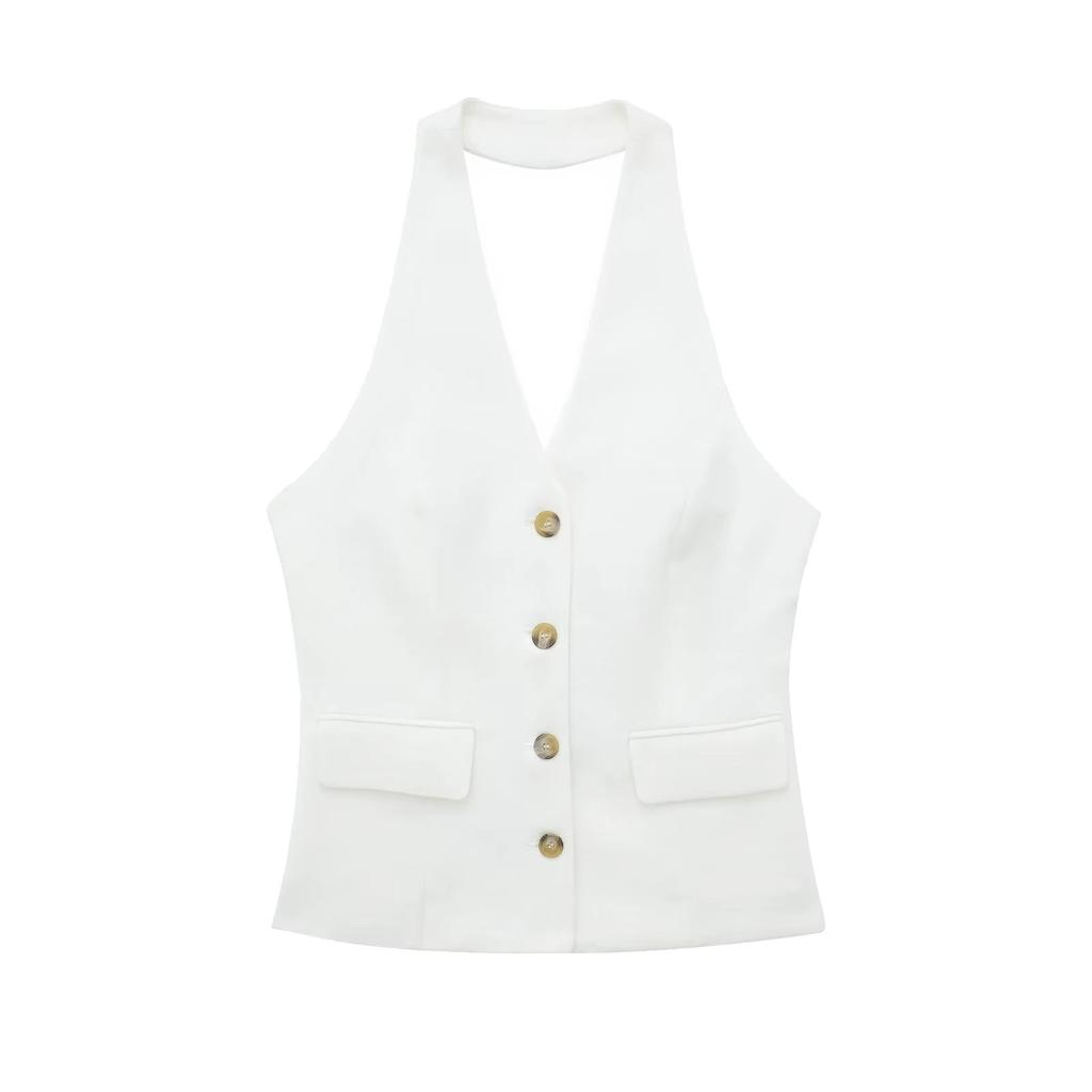 Women's Backless Halter Neck Vest, Pleated Wide Leg Pants