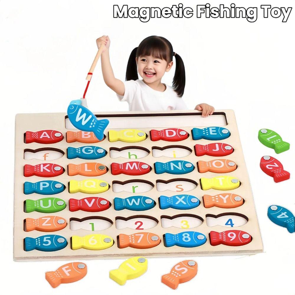 Early Educational Letter Number Puzzle Wooden Fishing Game Toy Kids Fishing Toys Birthday Gift
