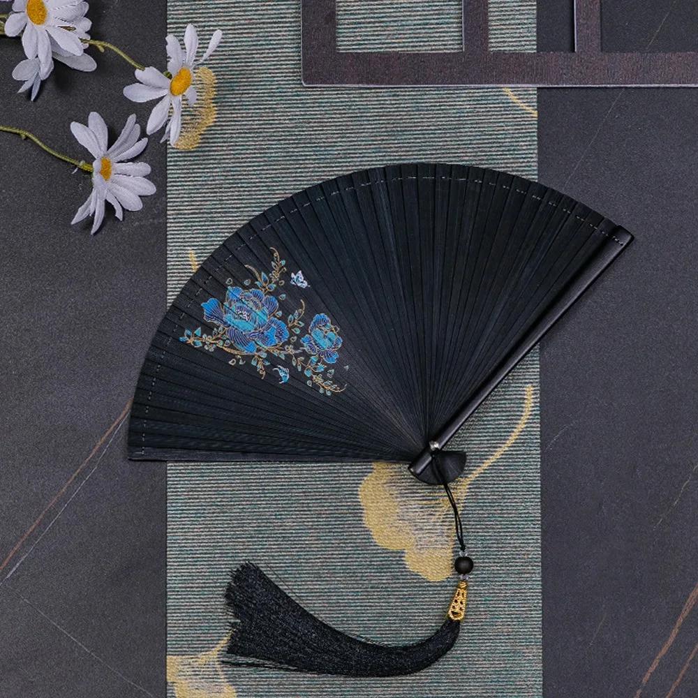 Chinesischer Stil Japanischer Klassischer Faltfächer Antiker Stil Schwarzer Faltfächer für Damen Handgefertigt Exquisite Handfächer