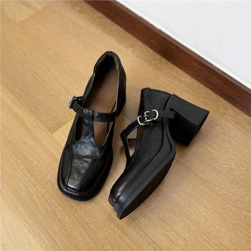 First Layer Leather British Retro T-strap Mary Jane Shoes Women's Thick Heel High Heel Small Leather Shoes Single Shoes