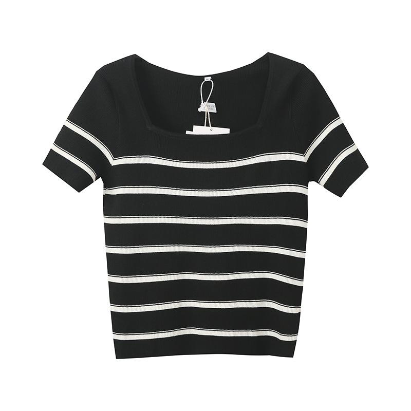 Large size women's clothing square neck contrasting striped knitted sweater summer and Korean version thin short-sleeved T-shirt 212101