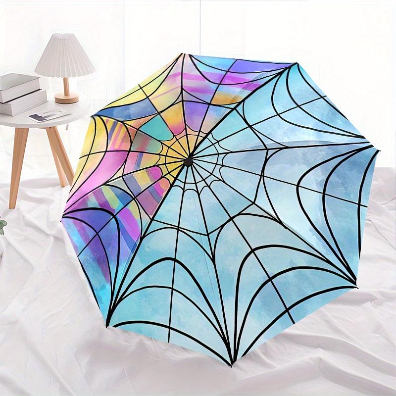 Spider Web, Stained Glass Automatic Folding Umbrella  8 Ribs, Durable Iron Frame, Bright Color Pattern Compact Travel Umbrella, Suitable for