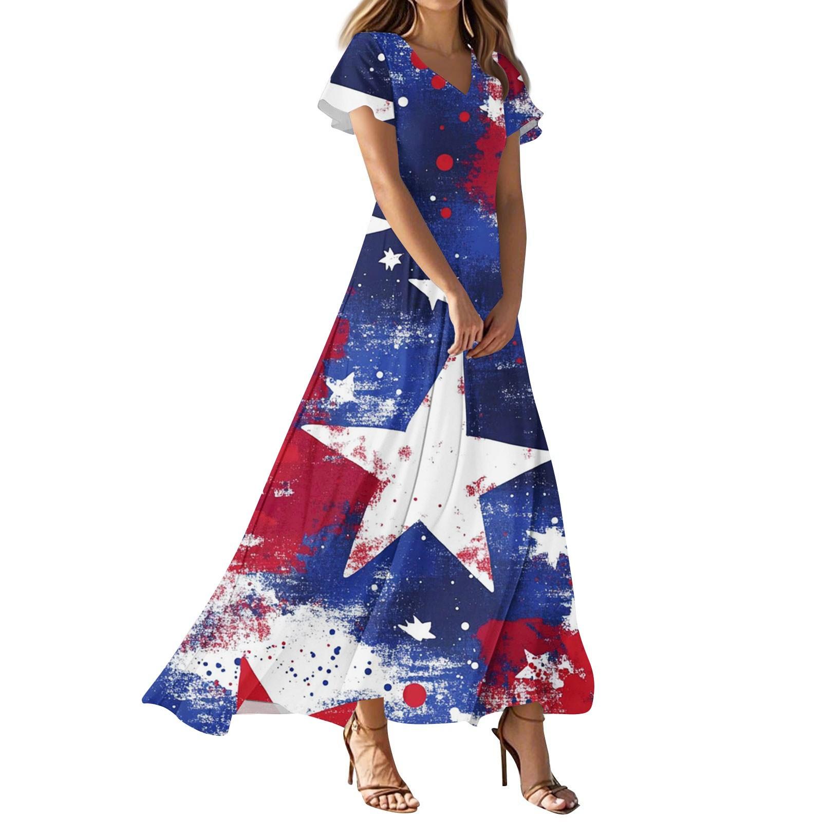 

Women s Independence Day Printed Casual Fashion Dresses V-Neck Short Sleeve Dresses XXL синій