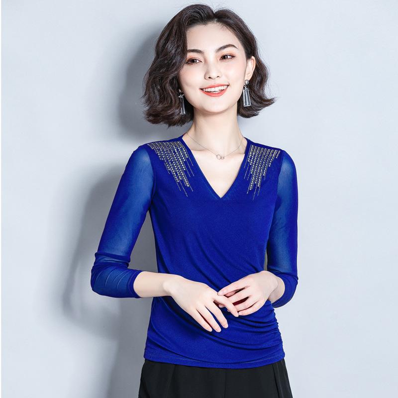 

Новая осенне-зимняя футболка женская с длинными рукавами и V-образным вырезом, облегающая и тонкая в иностранном стиле, нижняя часть рубашки, верхняя часть 4XL