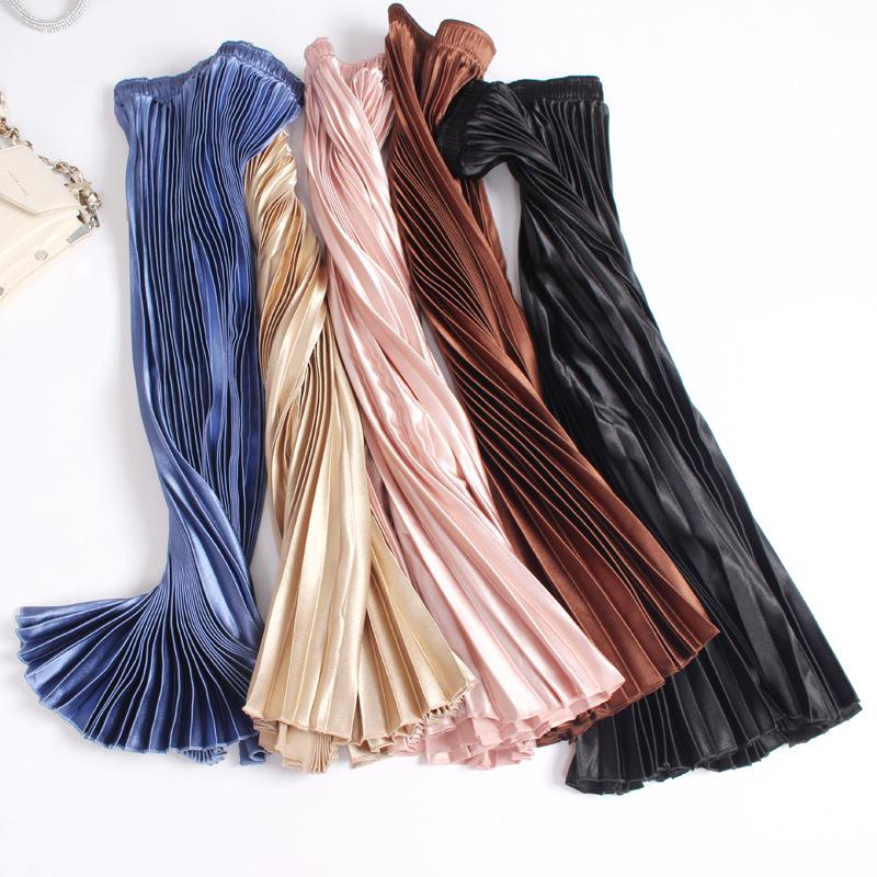 Solid Color High Waist Satin Pleated Midi Skirt - Women's New Spring/Summer/Autumn 2023 Collection
