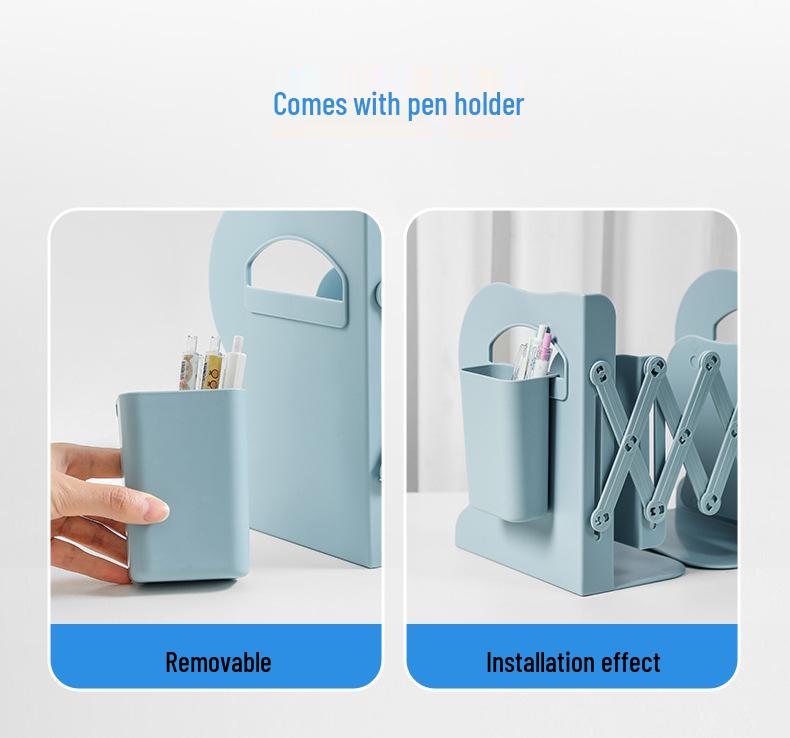 Extendable Desktop Bookshelf & Pen Holder with Foldable Book Clip