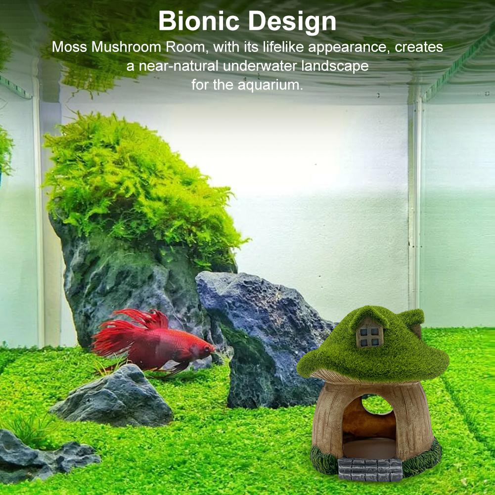 Aquarium Decoration Mushroom House Resin Fish Cave Shrimp Hideout Shelter Moss Mushroom Small House Decor for Home Fish Tanks