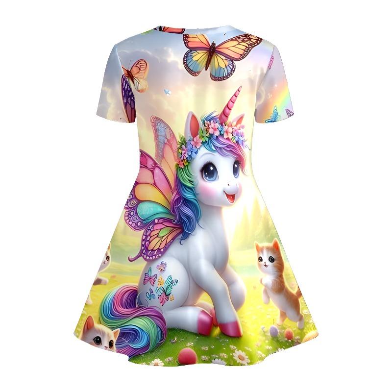 Girl Rainbow Unicorn and Kitten Printed T-shirt Dress, Butterfly Garden Children's Casual Dress Suitable for Birthday Gifts