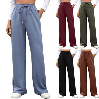 Women's Casual Fashion Solid Color Elastic Waist Drawstring Pockets Wide Leg Straight Pants