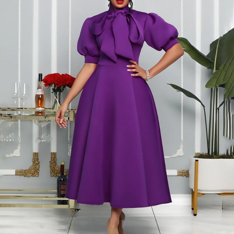 Women S Short Sleeve Solid Color A Line Midi Dress With Bow