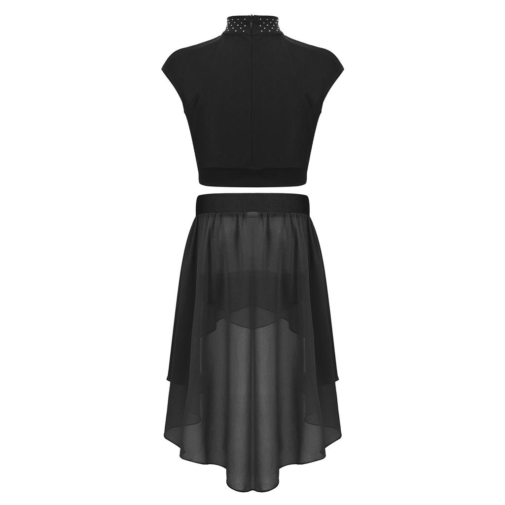 Girls Sleeveless Cutout Shiny Rhinestones Crop Top High Low Hem Chiffon Skirt Figure Skating Dance Gymnastics Set