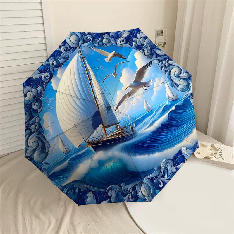 

1PC Sailboat Seagulls Umbrella-8-Rib Reinforced, Automatic Open, Lightweight & Durable, Cute Fashion Accessory for Outdoor-P2695