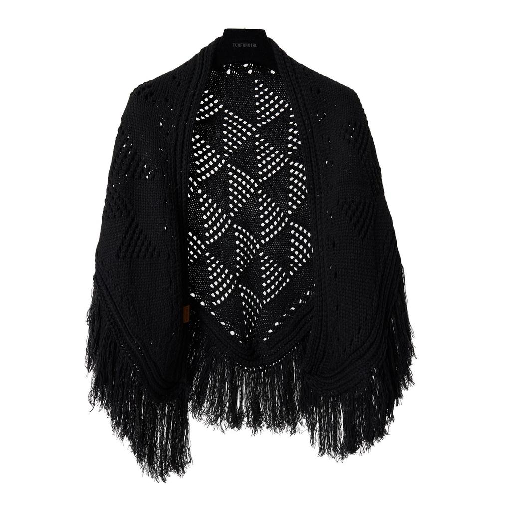 Hand-crocheted triangular fringed shawl retro style hollow design versatile fashion warm street women