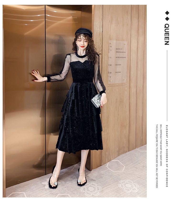 2026 A/W Sequined Mesh Patchwork Gold Velvet Slimming Dress