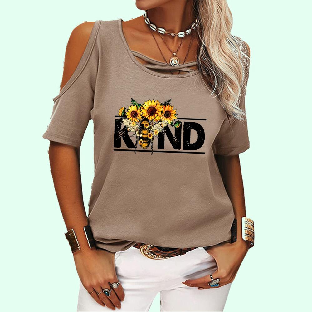 Women Fashion Shoulder Short Tee Shirt Round Collar Off Sleeve Top Ladies Casual Print T-shirt