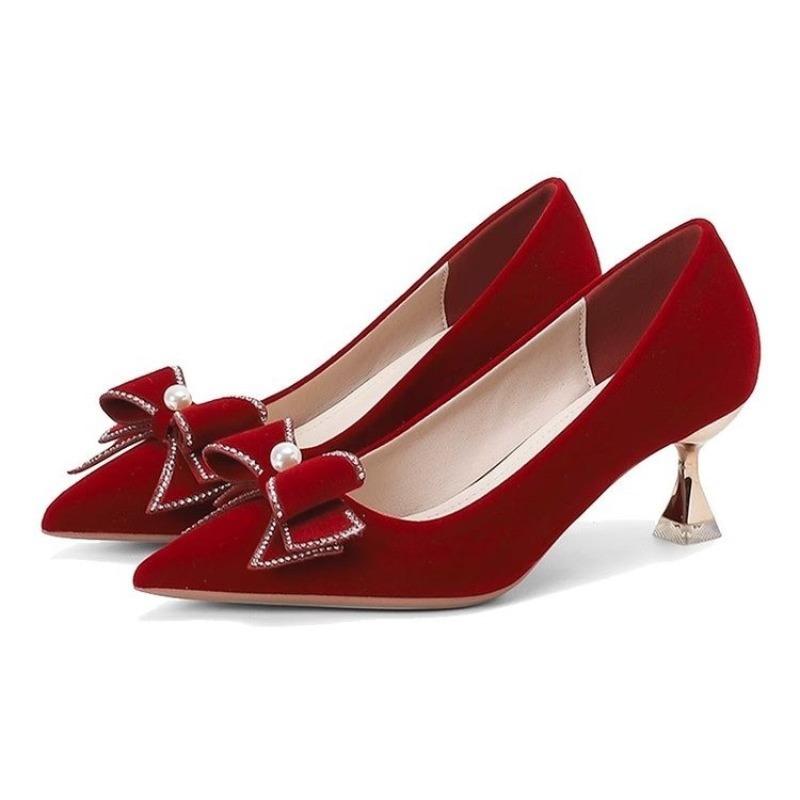 

Fashion Women s Fashion Thin Heel Single Shoes Autumn New Pointed Head Shallow Mouth Suede Butterfly Knot High Heels Wedding Shoes 40