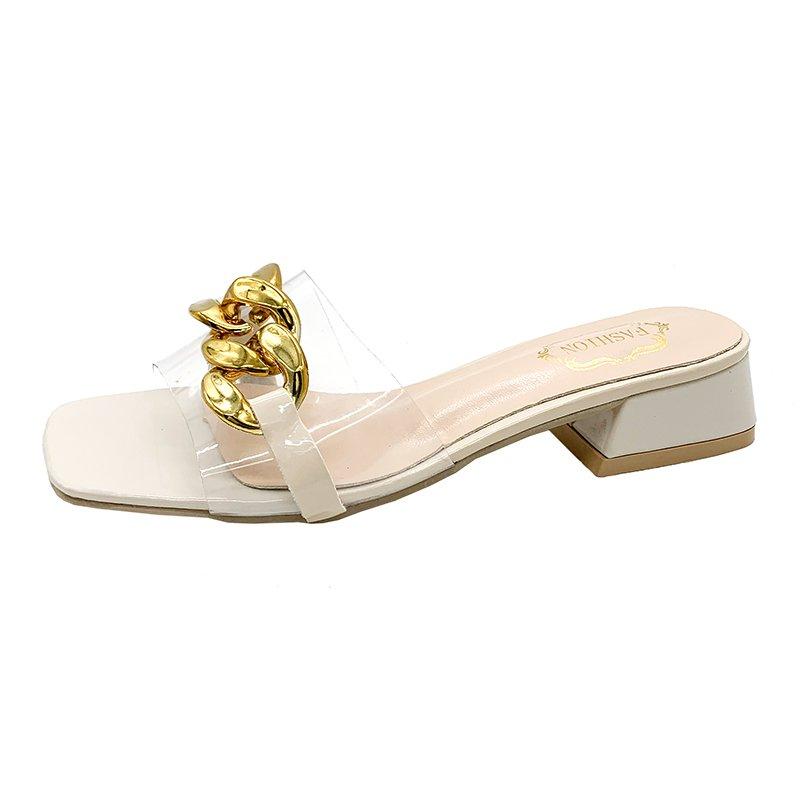

Fashion Women s Thick Slippers Summer New Square Head Open Toe Metal Chain Transparent Strap Anti-slip Wear-resistant High Heels 40 бежевый