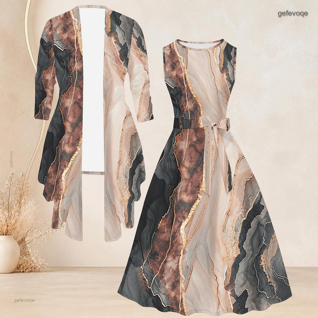 Women Plus Size Two Piece Dress Set 3 4 Sleeve Open Cardigan Sleeveless Round Neck Tie Waist Flared Dress Striped Printed