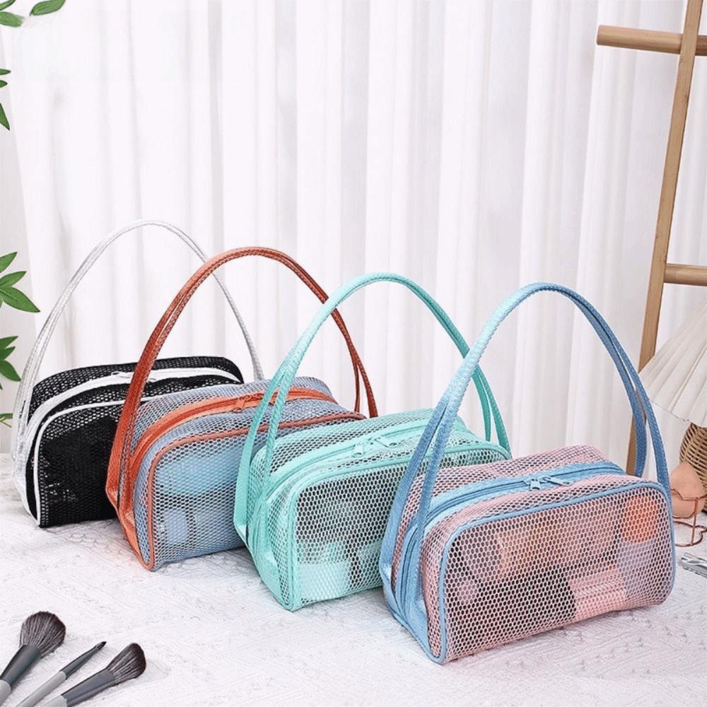 New with Handle Travel Makeup Bag Large Capacity Mesh Cosmetic Bag Polyester Lightweight Storage Bag
