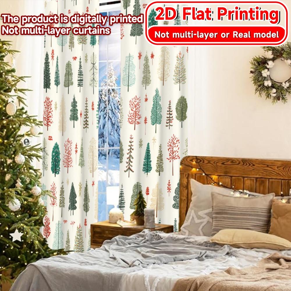 Set Of 2 Flat Printing Curtains Without Rod Christmas Tree Decor Holiday New Year Printed Prints Curtain Sheer Made Polyester