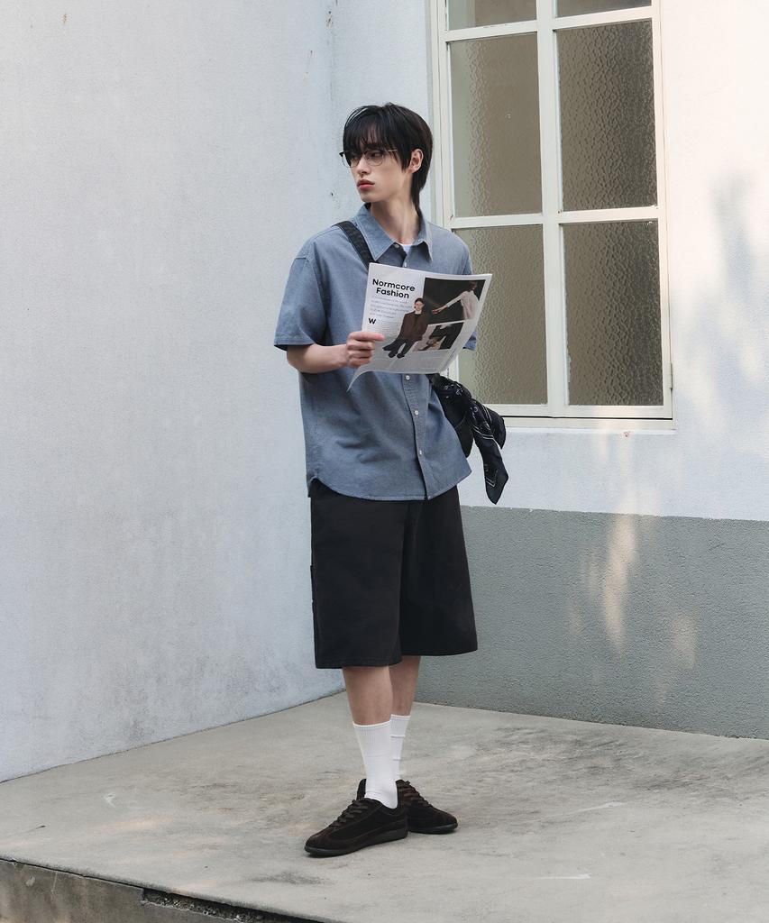 Awodeijeu Warp Washed Half Chambray Shirt [Blue]
