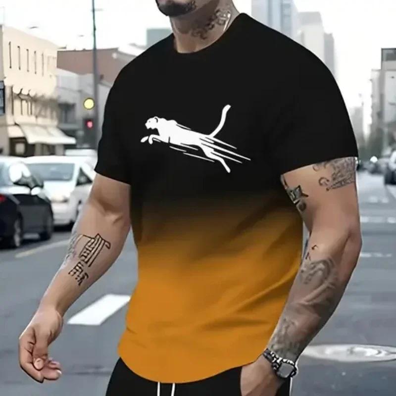 New Fashion Summer Friday 3D Animal Print Cougar Quick Dry Breathable Sport Men's Plus-size Crew Neck Fitness T-shirt