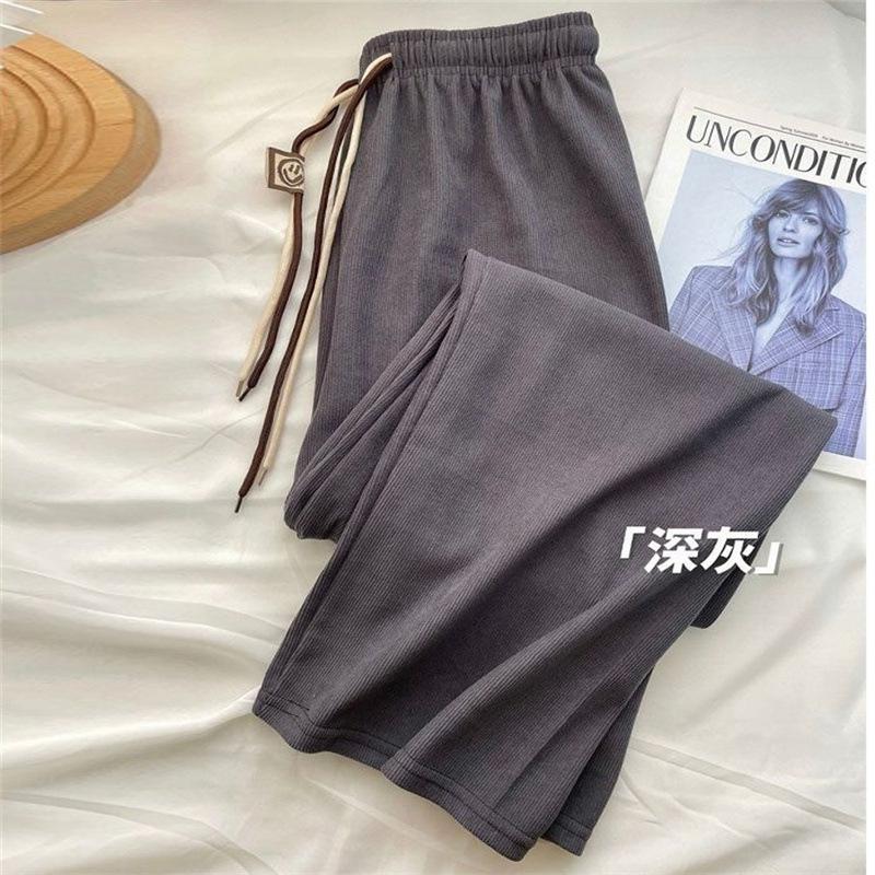 Pantaloni da Donna a Vita Alta Gamba Larga Gamba Dritta Stile da Pendolare Velluto a Coste Ultra Fine Coulisse Doppia Primavera Autunno Larghi Casual Lunghi