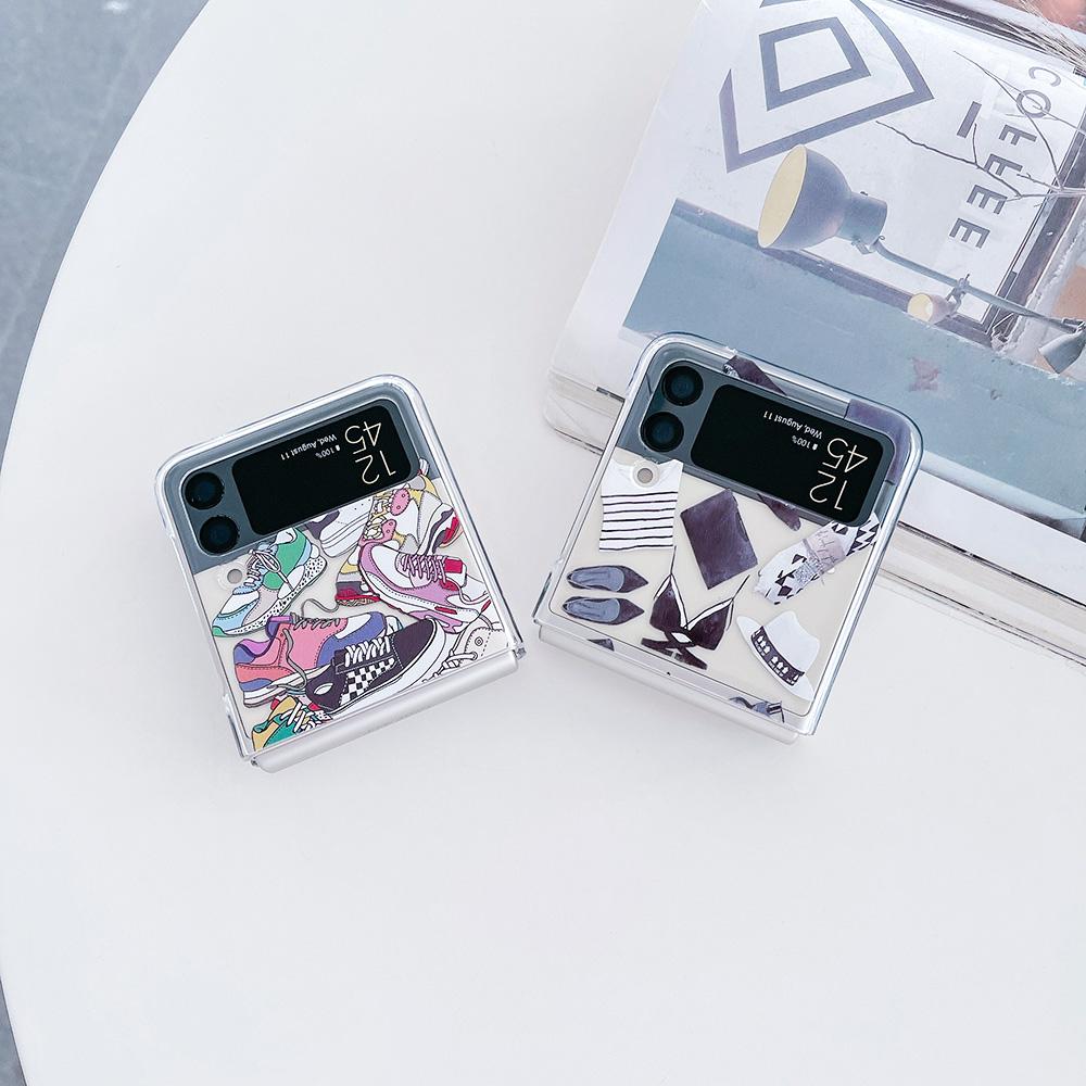 For Samsung Galaxy Z Flip 4 3 Flip4 Flip3 Case Trend Fashion Label Pattern Painted Transparent Shockproof Folding Hard Back Case