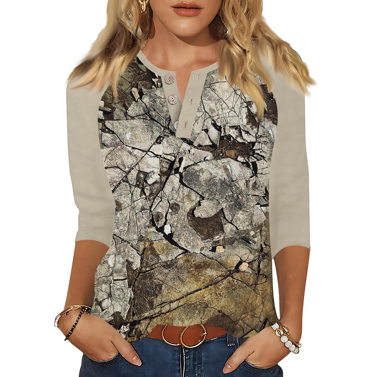 

Жен. Футболка С принтом Пуговицы Рукав 3/4 Повседневные Выходные Мода Классический Классический V-образный вырез Обычный Верх S хаки