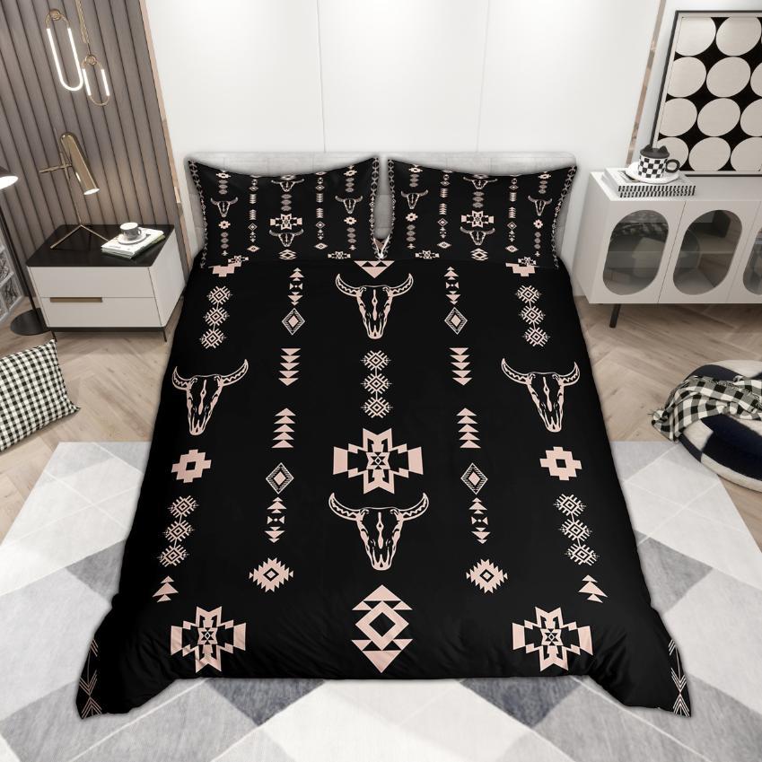 Homewish Bohemian Aztec Duvet Cover Set 2pcs/3pcs, Rustic Cow Skull Bedding, Retro Farmhouse Lodge Cabin Comforter Cover Set
