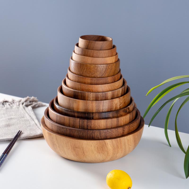 Acacia Wood Salad and Rice Bowl - Large Round Wooden Basin Tableware