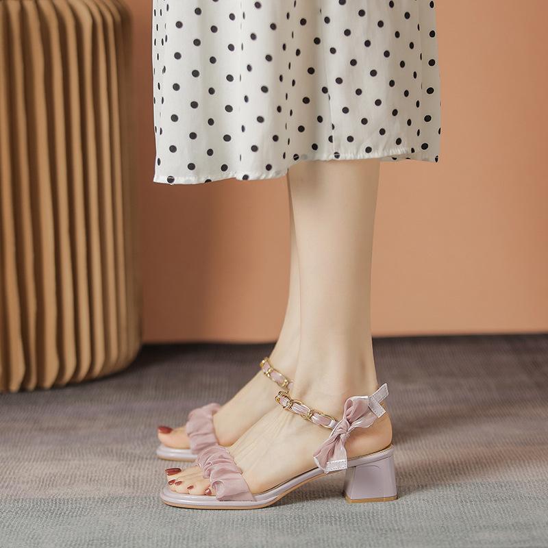 Leather Flat for Huizhou Women's Shoes Su Yinyin, the Same Style, One-word Strap Sandals Women's French Apricot High-heeled Sandals