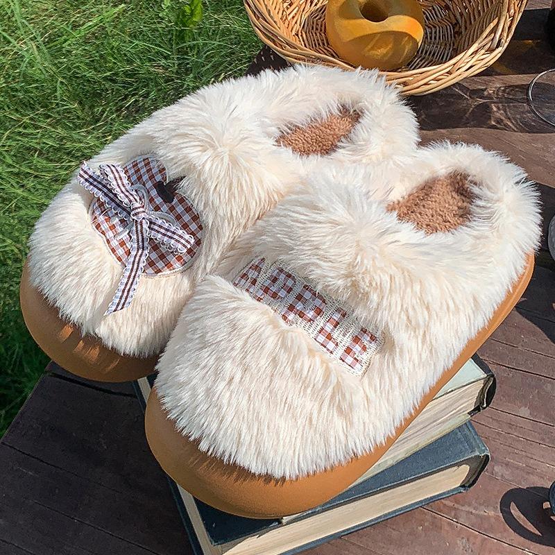 New plush cotton slippers women's winter bow indoor home thick bottom plush warm confinement cotton mop