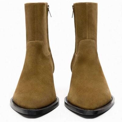 ZA2025 Women's Retro Cowhide Suede Chunky Heel Slip-On Ankle Boots with Round Toe & Wide Shaft