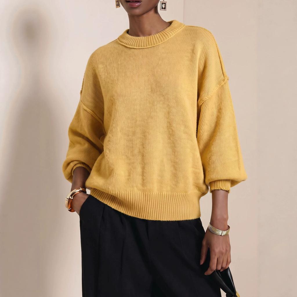 YYFS Moda feminina casual outono inverno cor sólida estampa manga comprida gola redonda suéteres