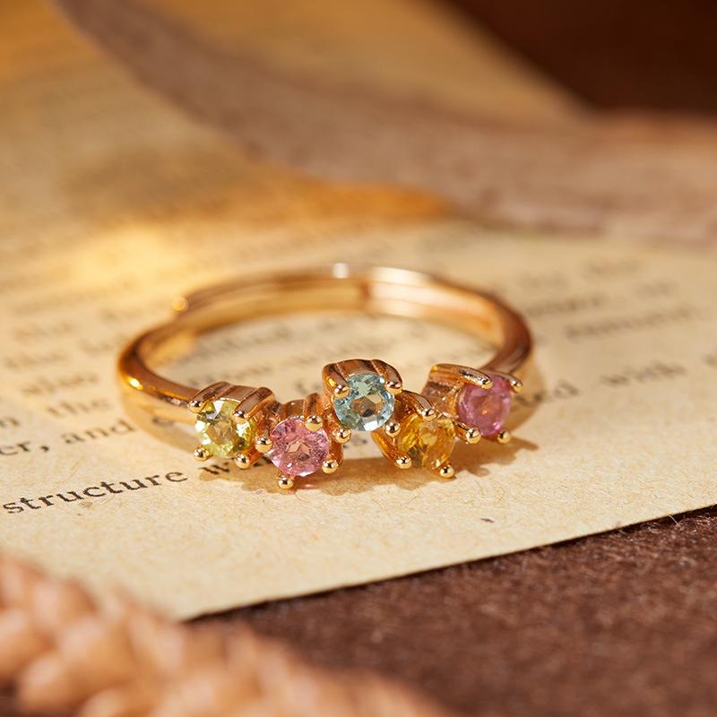 Adjustable Women's Ring with Natural Gemstone Tourmaline and S925 Silver, Stackable and Versatile Design