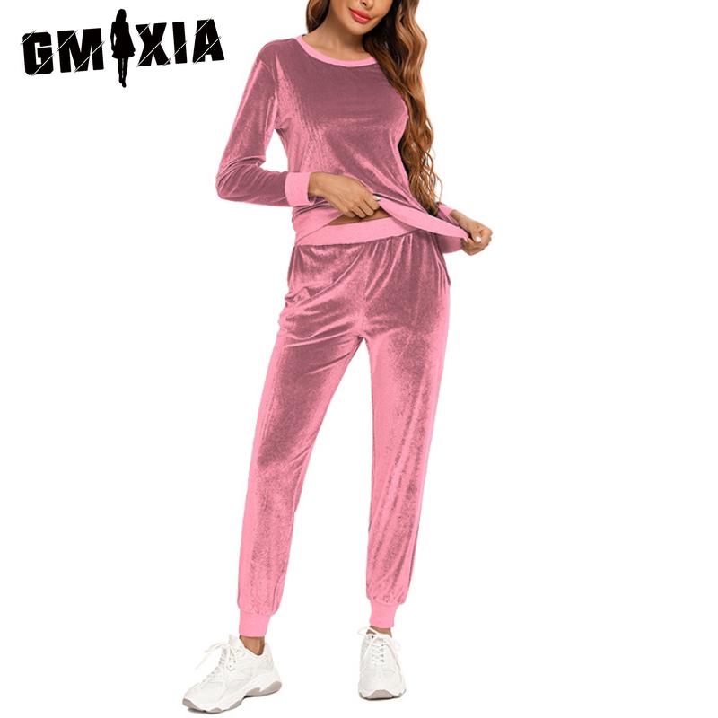 

GMXIA Осенний спортивный повседневный модный костюм с длинными рукавами для женщин, осенне-зимние модели, оригинальный свитер, комплект из двух предметов S розовый