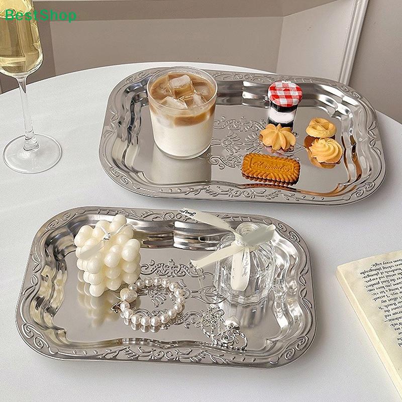 Vintage Engraved Stainless Steel Serving Trays - Decorative Rectangle Platter for Party, Dining & Home Decor